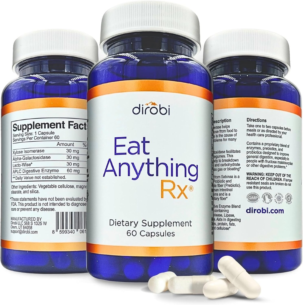 Dirobi Comer cualquier Xylose Isomerase Fructose Malabsorption Enzymes, Suplemento FODMAP, Enzimas digestivas para una mejor lactosa, grasa, proteínas y carbohidratos Digestión Gas &amp; Bloating Relief 60 cápsulas