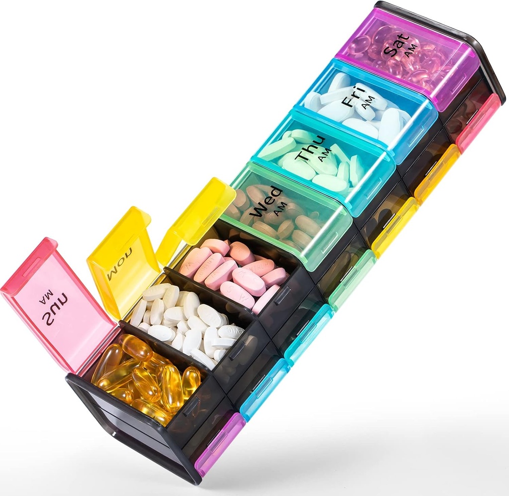 Ekstra Large Weekly Pill Organizer 2 Kali sehari - Betife 7 Hari Pil Pill Box, AM PM Pill Case with Double Lapis Jumbo Comment for Pills, Vitamin, Fish Oil, Suplemen (Rainbow)