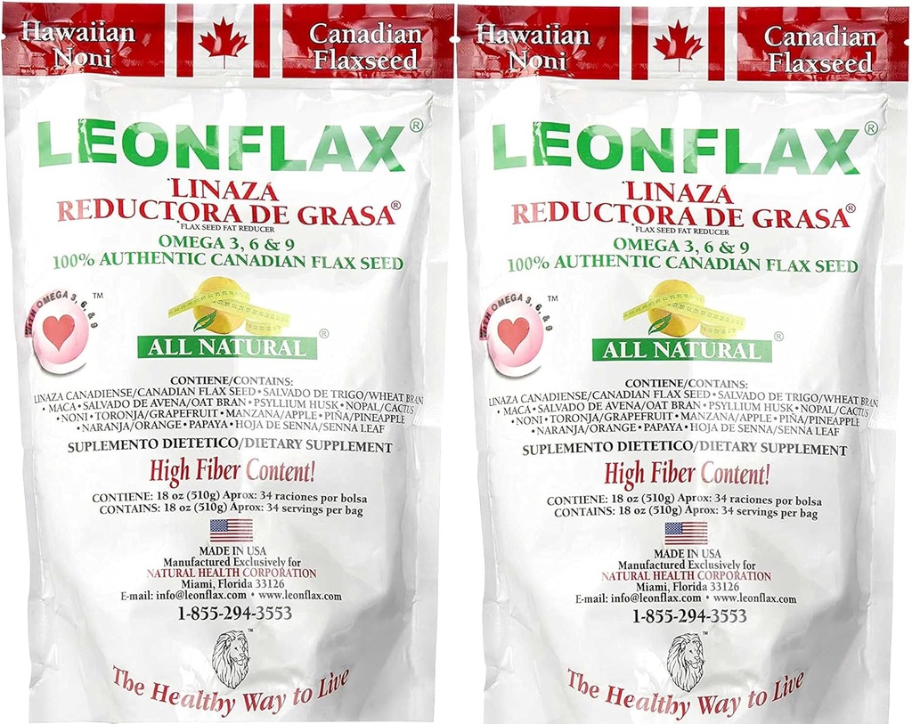 Leonflax 100% Authentic Flax Seed Powder, Tots els continguts Natural, High Fiber, Dier suplementaris per a la vostra salut Millora, Omega 3, 6 & 9, 18 Oz, Baga (1) (2)