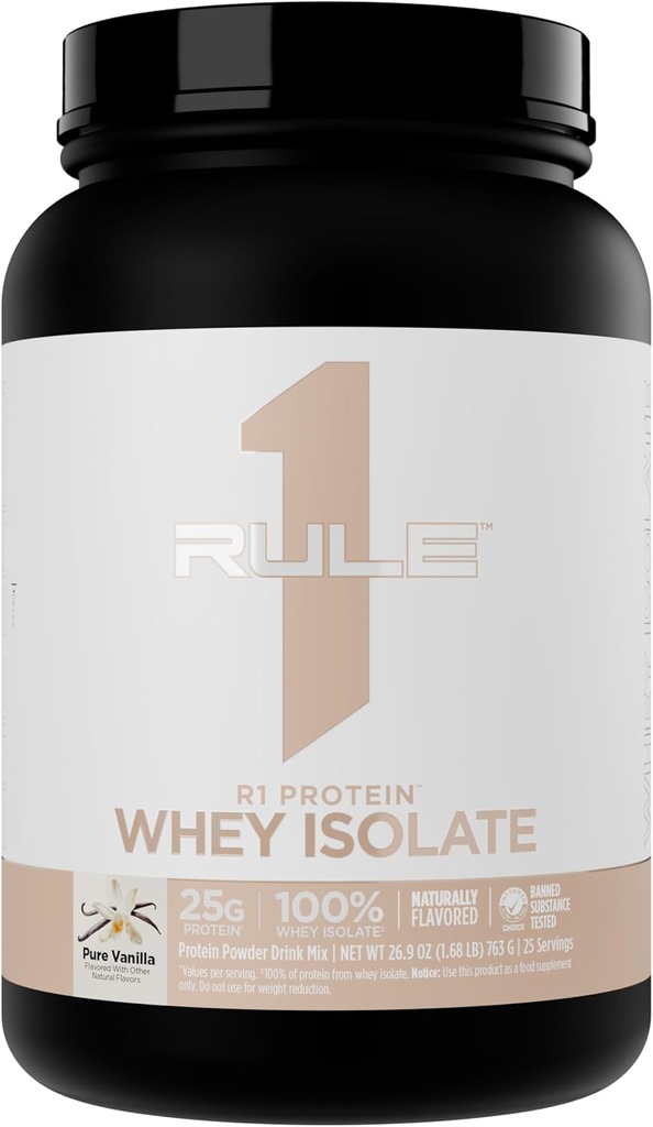 Regel 1 Naturligt smaksatt R1 Protein Whey Isolate - Ren Formel med 25g Protein & 6g BCAA Exclusively Isolated & Hydrolyzed Sources for Workout Recovery (1,7 Pounds*, Pure Vanilla)