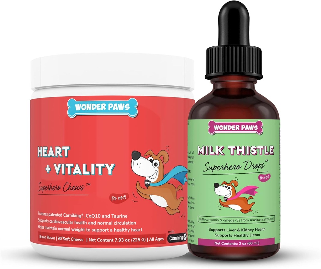 Wonder PAWS Heart + Vitality Superhero Chews Plus Milk Thistle drops - pentru câini Heart Health, Circulation, Liver & Immune Support - Heart + Vitality 90 Chews - Milk Thistle Drops 2 Onces
