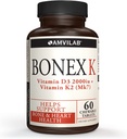 Bonex K Supplement|Vitamin D & K Complex|Supports Heart, Bones & Teeth Health|2000IU Vitamin D3 & 75mcg Vitamin K2|Non-GMO|Small & Easy to Swallow|60 Day Supply Chewable Tablets
