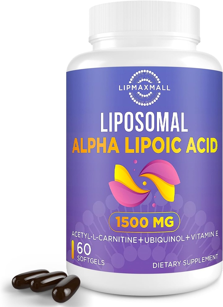 Acide alpha lipoïque liposomique 1500mg-avec acétyl-L-Carnitine 900mg& Ubiquinol 100mg& Vitamine E 15mg,ALA Supplément pour antioxydants Glucose Métabolisme Énergie Nerve Cardiovasculaire,60 Softgels