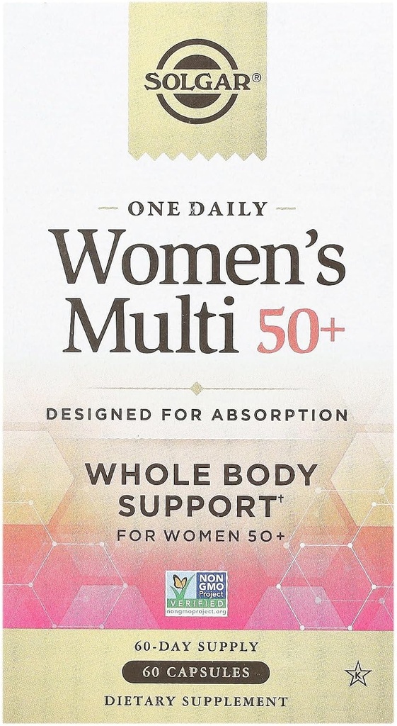 Solgar One Daily Women's Multi 50 + Whole Body Support for Women 50 and Older - Altamente Absorbable Heart, Bone & Breast Health, Enerxía, Estrés, Skin & Nails Multivitamina, 60 Vegan Capsule Serve