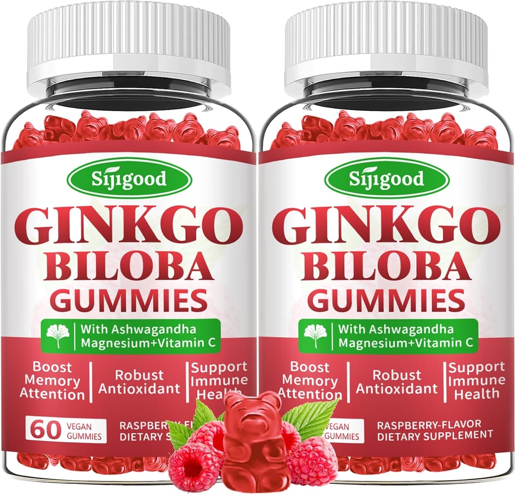 2 Pack Ginkgo Biloba dengan Panax Ginseng dan Magnesium, Ginkgo Bilosa Suplemen untuk Fokus, Memori, dan Kesehatan Otak untuk Dewasa & Anak-anak, Vegan Raspberry Flavor Gummies, 120 Count