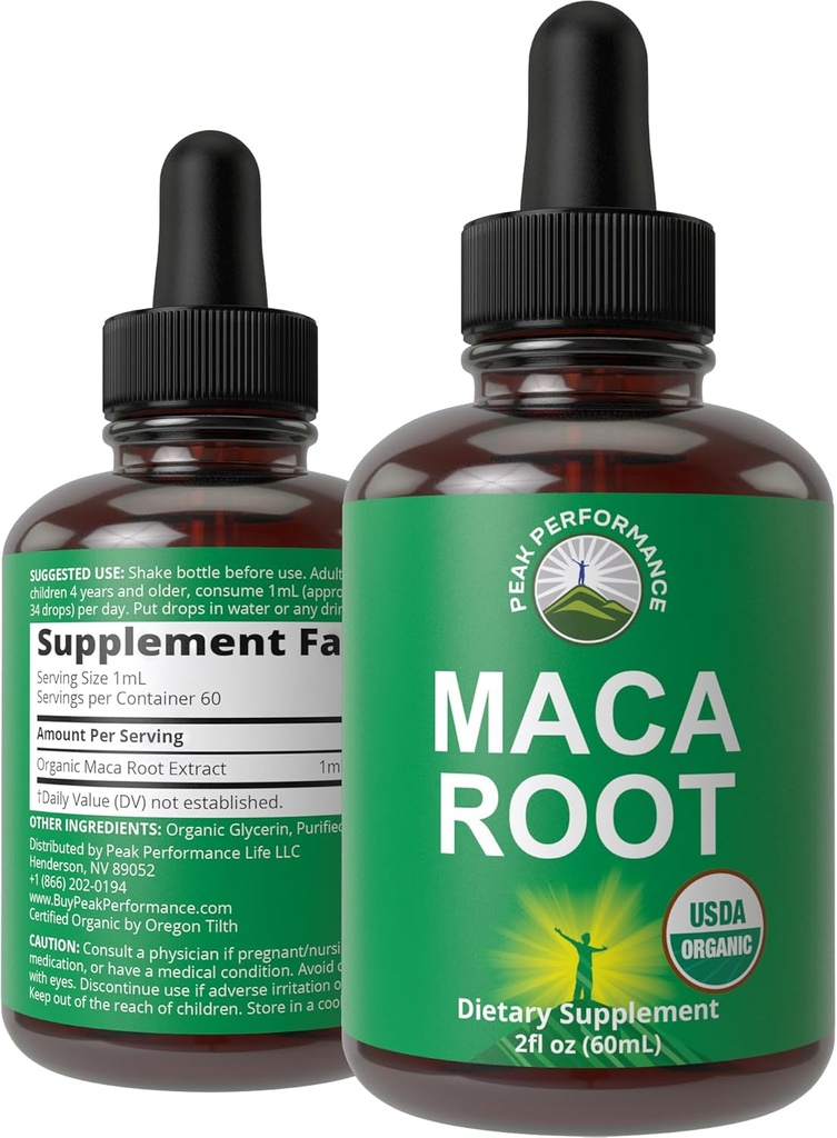 La racine de maca gouttes liquides. Supplément d'extrait végétalien biologique USDA pour les femmes et les hommes. Maca For Energy, Endurance et Mood Support. Zéro sucre, sans gluten, sans capsules