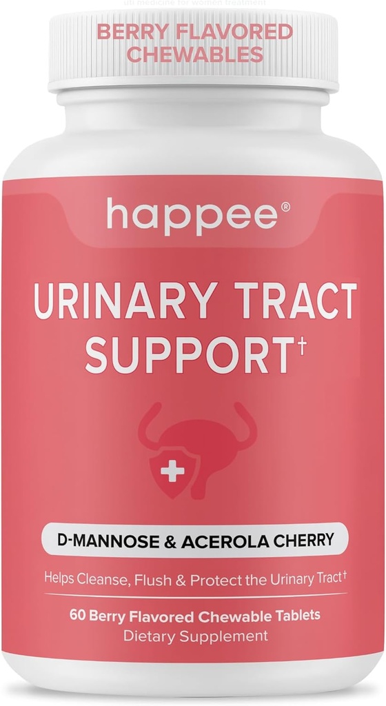 Happee Urinary Tract Health supplement for Women " - Fast-Acting UTI Relief and Prevention, 500mg D-Mannose " Antioxidants, Supports Kidney and Bladder Health, Berry Flavor, 60 Chewables
