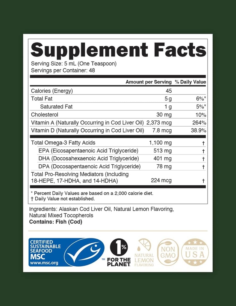 STEWARD - Wild-Caught Alaskan Liquid Cod Liver Oil 8 | Omega-3's EPA, DHA, DPA und SPMs + Natürliche Vitamine A & D