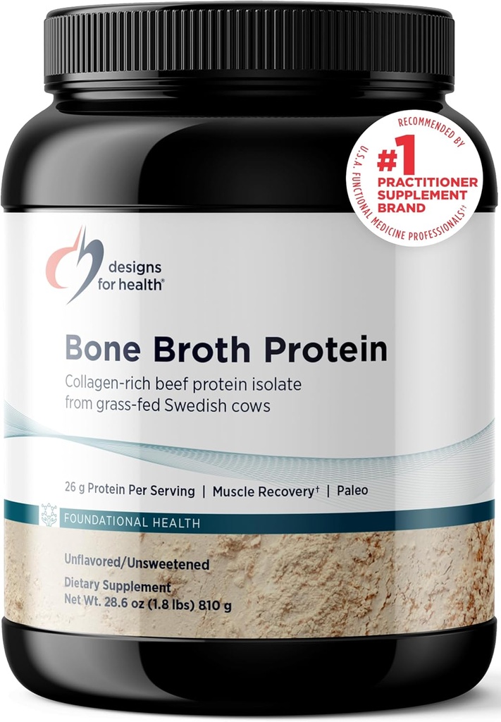 Designs for Health Bone Broth Protein Powder - 26g Grass- Fed, Collagen- Rich Beef Protein Isolate - Unflavored, Paleo, Non-GMO, Dairy- Free (30 Servings / 810g)