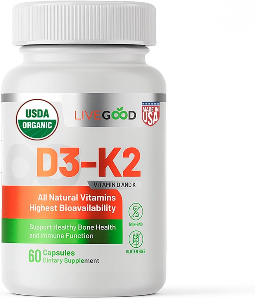 LIVEGOOD ™ Vitamin D3 + K2 Všechny přírodní kosti, Muscle & Imunitation System Support, Vegan & Non- GMO, 60 Kapsle