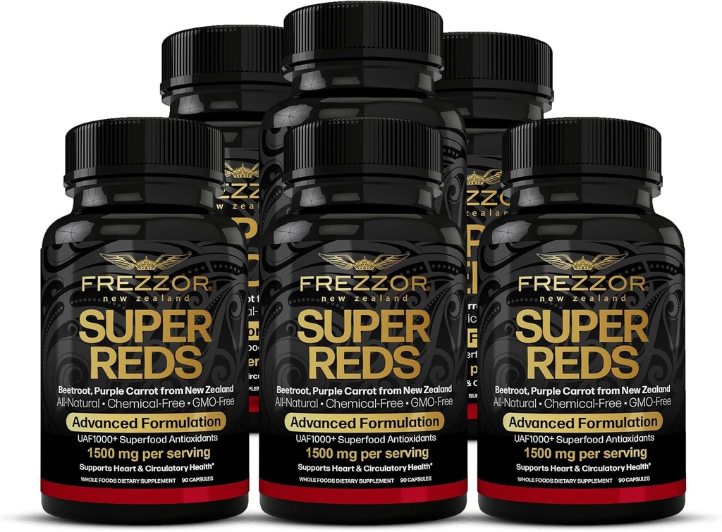 FREZZOR Super Reds kapsulak UAF1000+, Zeelanda Berriko Superelikagaien energia, fruta gorri esentzialak Veggies & Beets, Antioxidatzaileak, entzimak, energia gehigarriak, 540 kapsulak, 6 botila