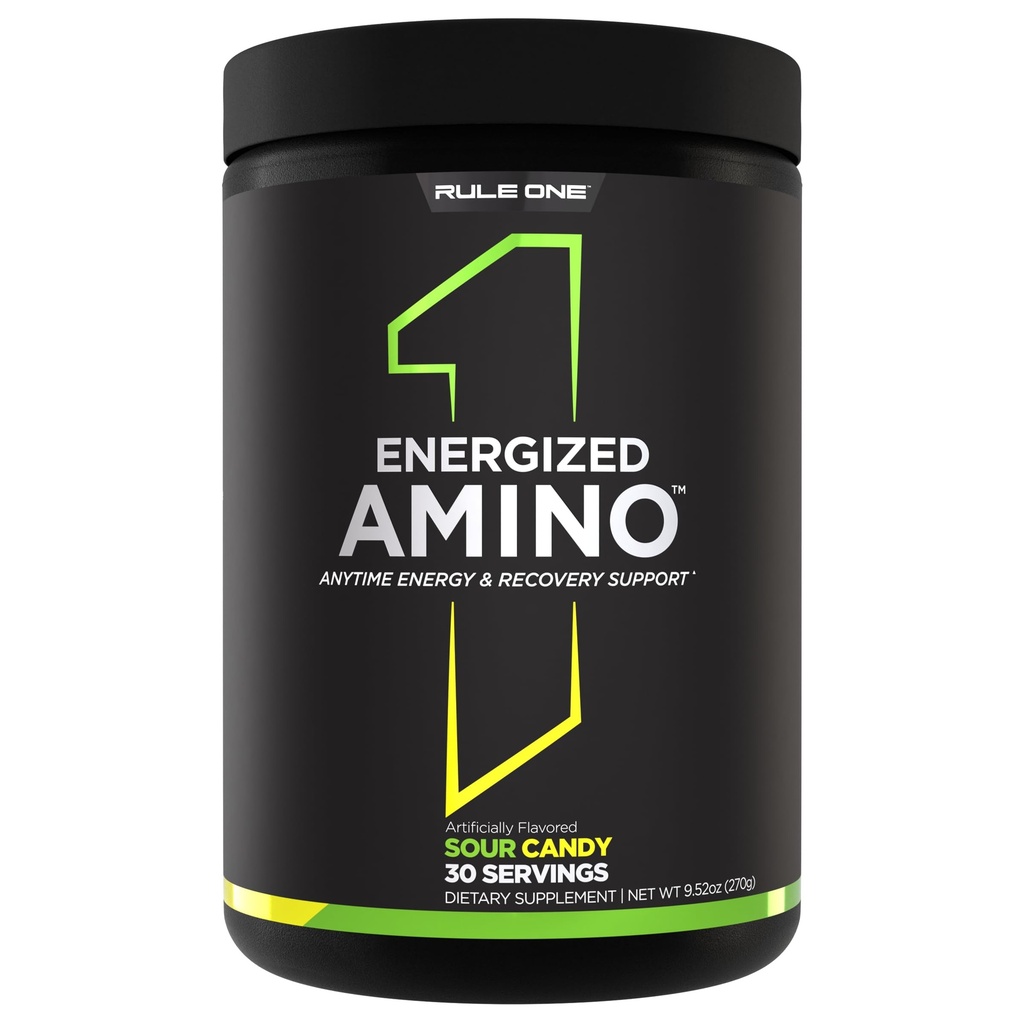Rule 1 Proteins Energized Amino – Anytime Energy and Recovery Support with BCAAs, Glutamine, Citrulline, Beta Alanine, and Caffeine from Green Coffee & Tea Leaf Extracts (30 Servings, Sour Candy)