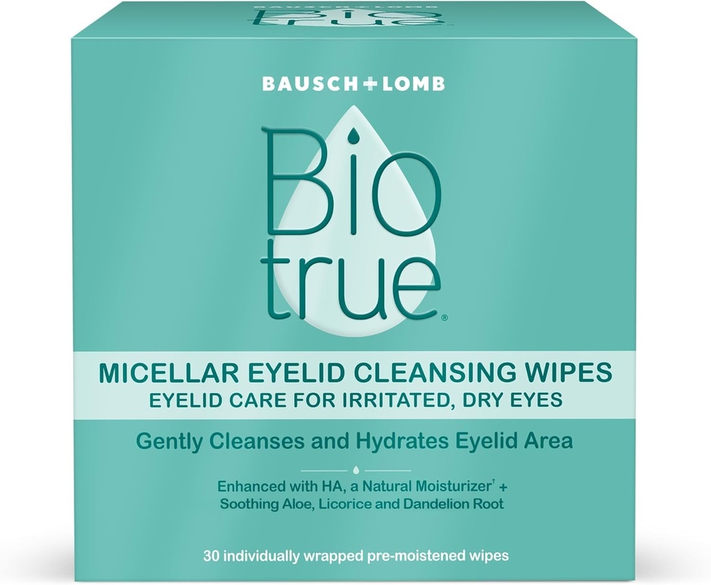 Biotrue Micellar Eyelid Care for Irritated and Dry Eyes Cleansing Wipes, from Bausch + Lomb, Multi, 30 Count