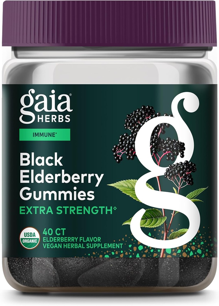 Gaia Herbs Black Elderberry (Sambucus Nigra) Extra Putere Gumies - Delicious Immune Supplement - Made with Certified Organic Black Elderberberries for Immune System Support - 40 Gummies