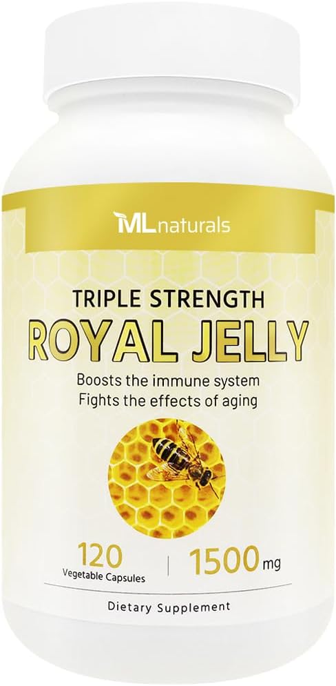 ML Naturals Royal Jelly 1500 мг 120 растительных капсул, эквивалентно 6% (27 мг) 10-HDA. Freeze-Dried, Gluten Free, NSF-Certified и cGMP-Compliant