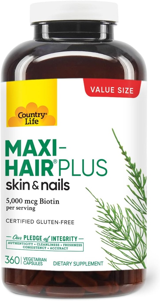 乡村生活 Maxi-Hair Plus 5000 mcg Biotin, 360 Capsules, 认证的 Gluten 免费,认证的蔬菜