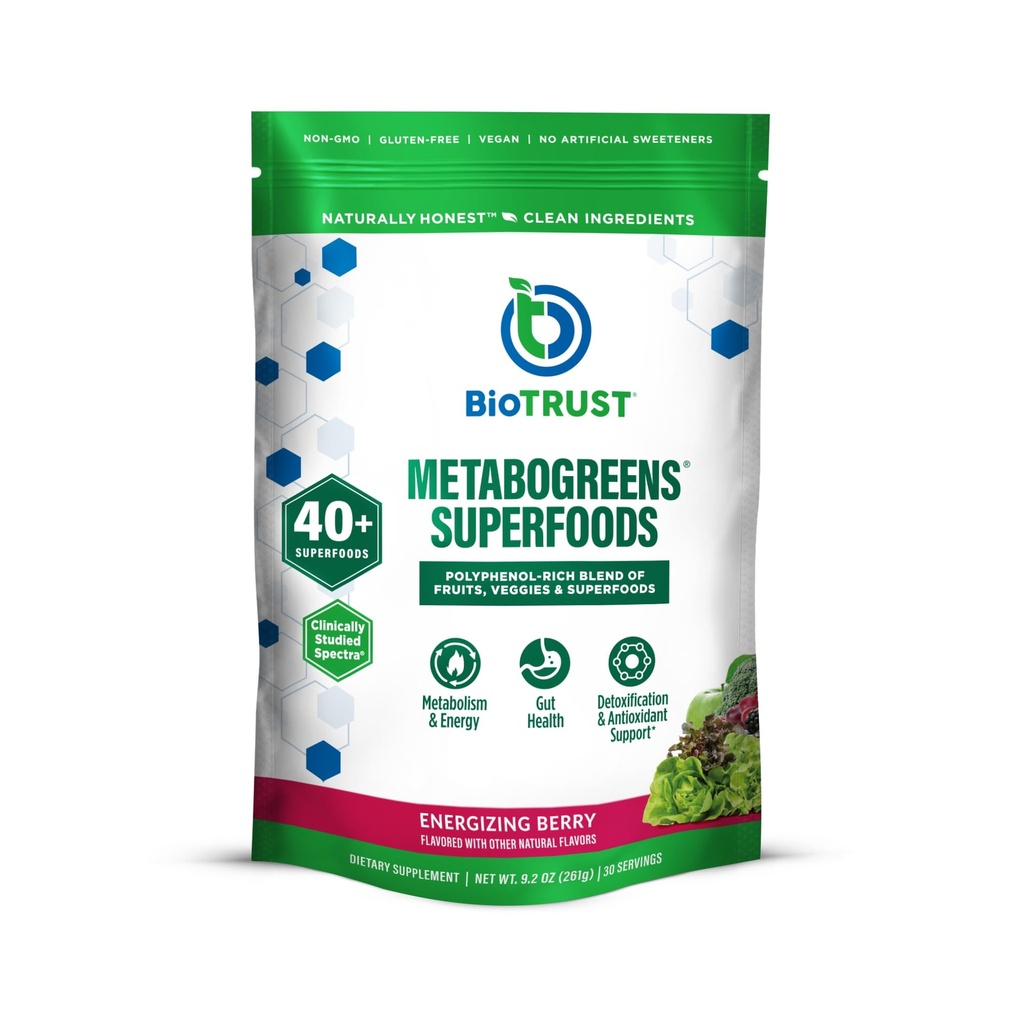 BioTrust Metabo Greens Superfood Powder - Super Greens Powder, Fruit & Veggie Blend with Clinically Studied Spectra - Non GMO, Soy Free, Gluten Free, Dairy Free, Energizing Berry Flavor (30 Servings)