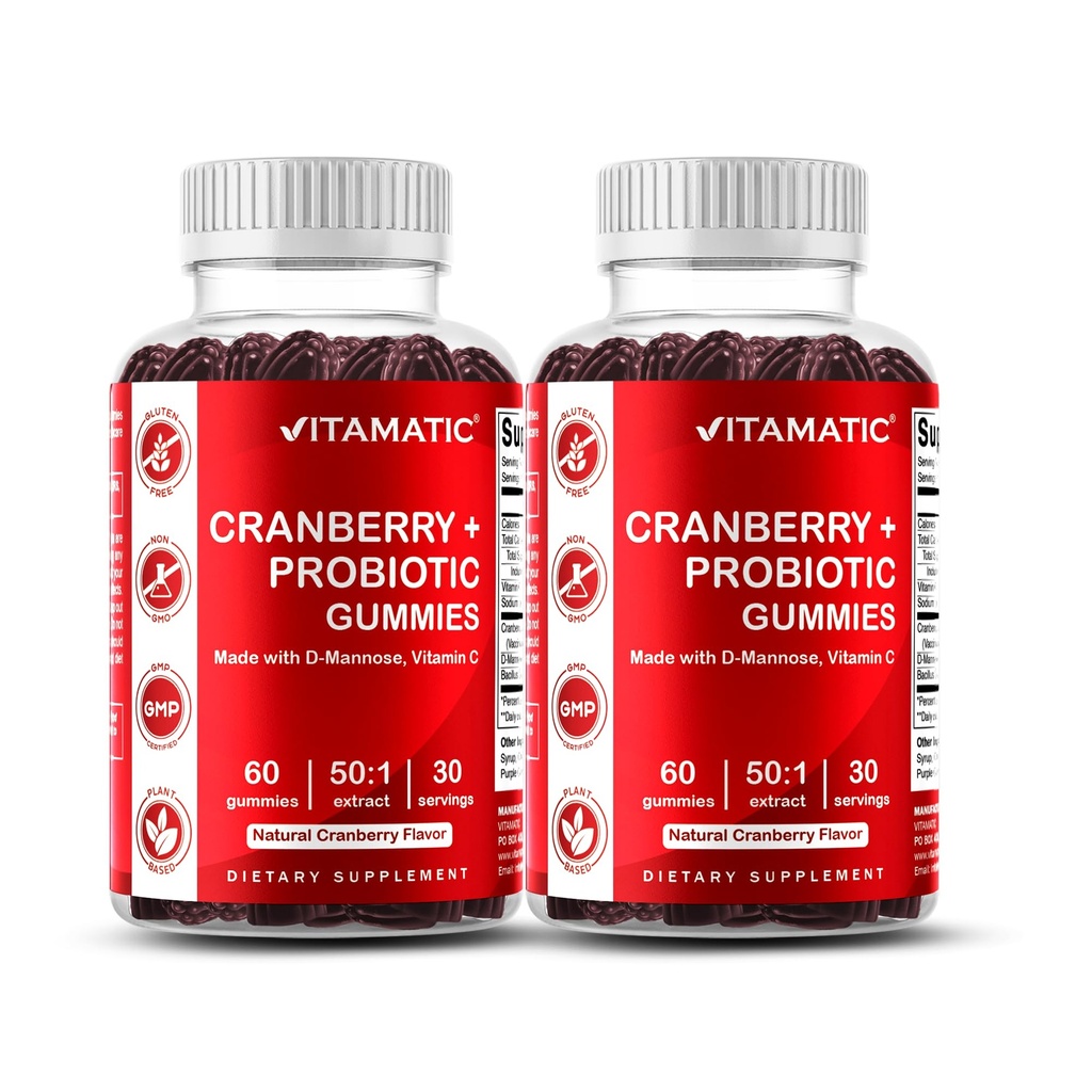 Vitamatic 2 Pack Cranberry Gummies with D-Mannose, Probiotics, Vitamin C – Plant-Based Botanical Extract – Vegan, Non-GMO – 60 Count