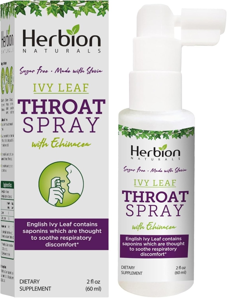HERBION Naturals Throat Spray, Soothes Respiratory Discomfort with The Power of English Ivy, Marshmallow ja Echinacea ekstraktid täiskasvanutele ja lastele, 2 Fl Oz, pakend 1