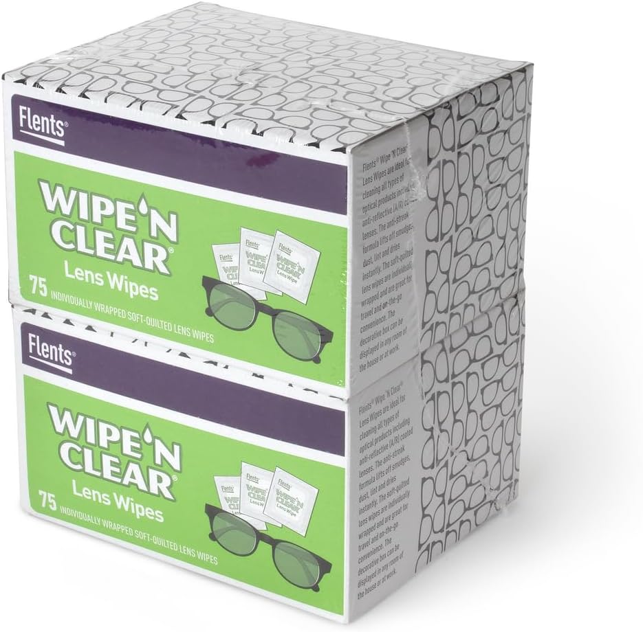 Flents Lens Wipes, Wipe 'N Clear, 150 greve, pre-moisted, Streak-free, Safe for Briller, Solbriller, Gentle Cleaning, Clear Vision, Individuelt innpakket for reise og bekvemmelighet, laget i USA