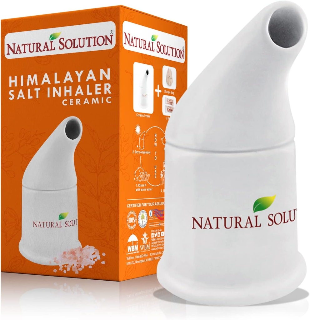 NATURAL SOLUTION Keramisk saltinnånding med 2 Himalayan rosa saltpåfyllinger, renser åndedrettssystemet, lindring pustende kongessjon, inhaler for Astma Hvit 1 count