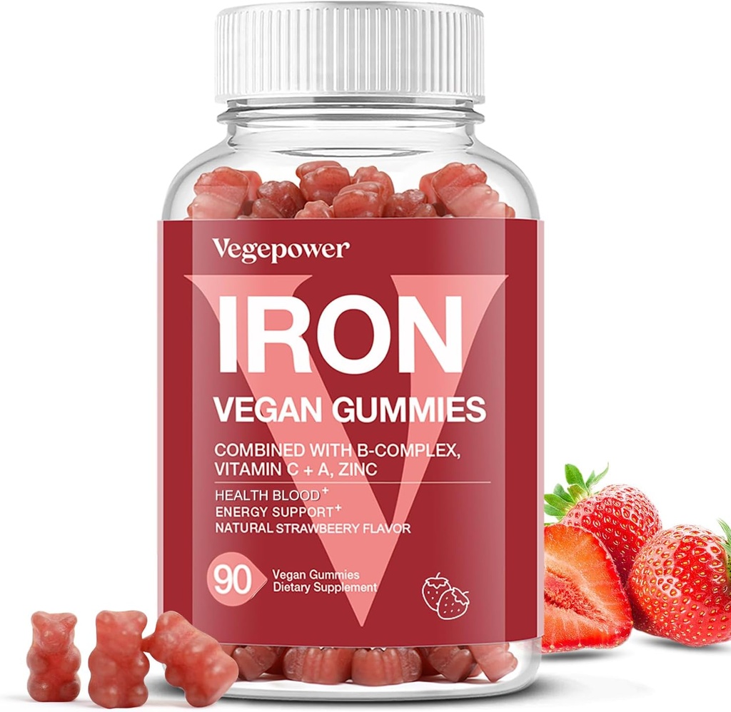 Qadınlar və Uşaqlar üçün Iron Gummies Ekspertlər - Enerji Support üçün Vitamin C ilə Multivitamin, Max Aborps üçün Vitamin C ilə Böyük Tasting Iron Gummy Vitaminlər - Vegan, Strawberry 90 Count