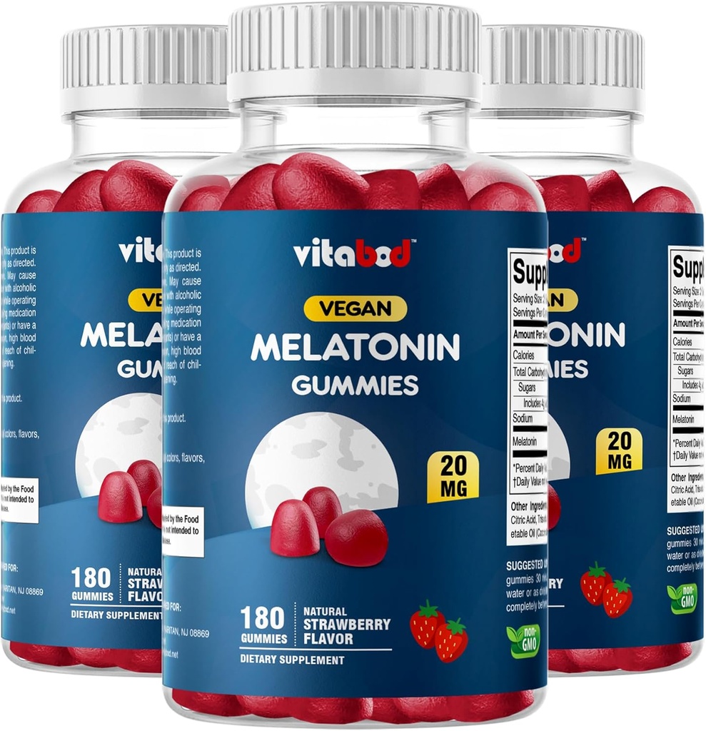 Melatonin 20mg Gummies - 180 count - Drug Free - Natural Strawberry Flavor - Vegetarian, Non-GMO, Gluten Free (3 Bottles)