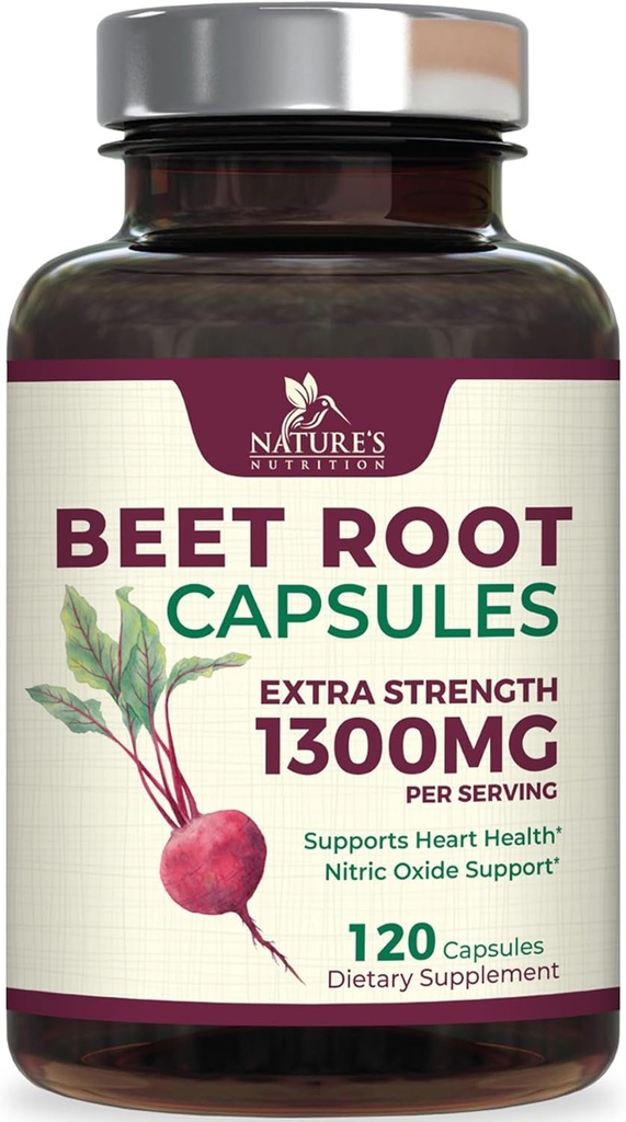Beet Root Capsules 1300mg - Extra Strength Red Beetroot Powder supplement – Supports Nitric Oxide Production, Heart Health " Natural Energy – Non-GMO, Vegan, Gluten Free – 120 Veggie Capsules