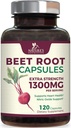 Řepné kořenové kapsle 1300mg - Extra Strength Red Beetroot Powder Supplement - Podporuje výrobu oxidu dusnatého, srdeční zdraví a přírodní energii - Non- GMO, Vegan, gluten zdarma - 120 Veggie Kapsle