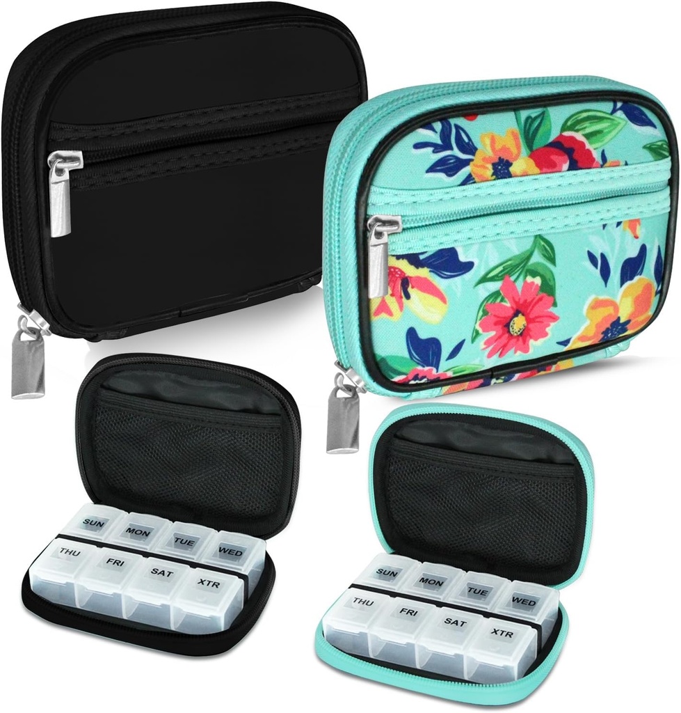 Serfeymi Weekly Travel Pill Organizator Pilula Case pilula pentru Purse cu Removabil 7 zile Pilula cutie, Medicina de călătorie Fashionable Organizator Pilula Container pentru Medicina, Vitamina, Supliment - Black 01 + Green 01