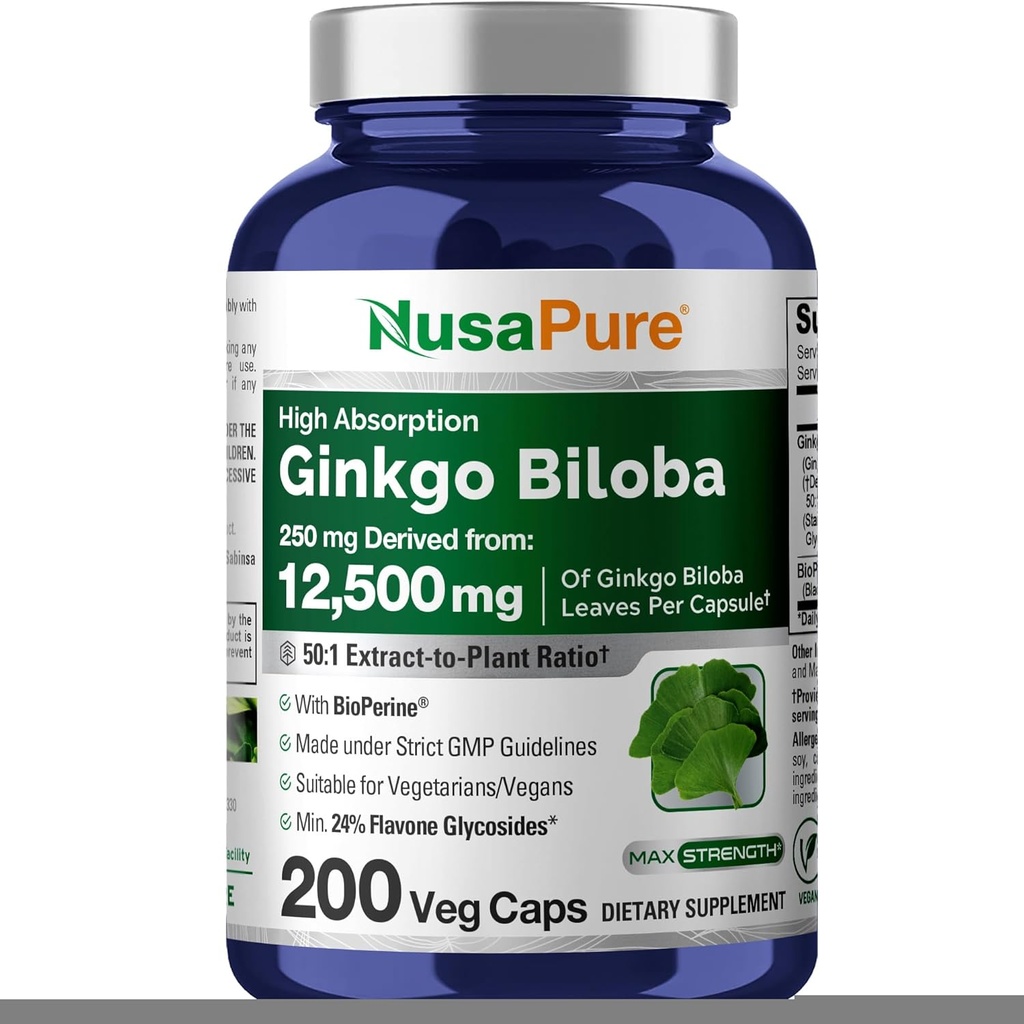 NusaPure Ginkgo Biloba 50: 1 extra, 250 mg equivalent a 12,500 mg per Veggie Capsgie 200 Capsules (Vegegitari, No-GMO, Vegan) Bioperina
