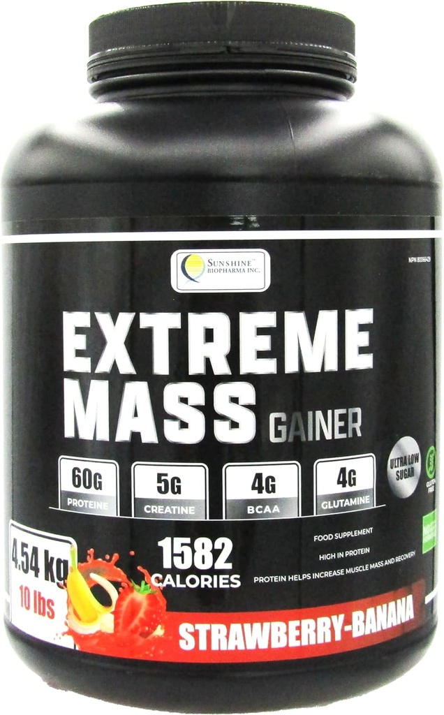 Ekstrem Mass Weight Gainer Muscle Builder, 10 LB (4,54 kg) med mindre sukker til Intense træning af høj kalorie forarbejdet valle Protein (Strawberry- Banana)