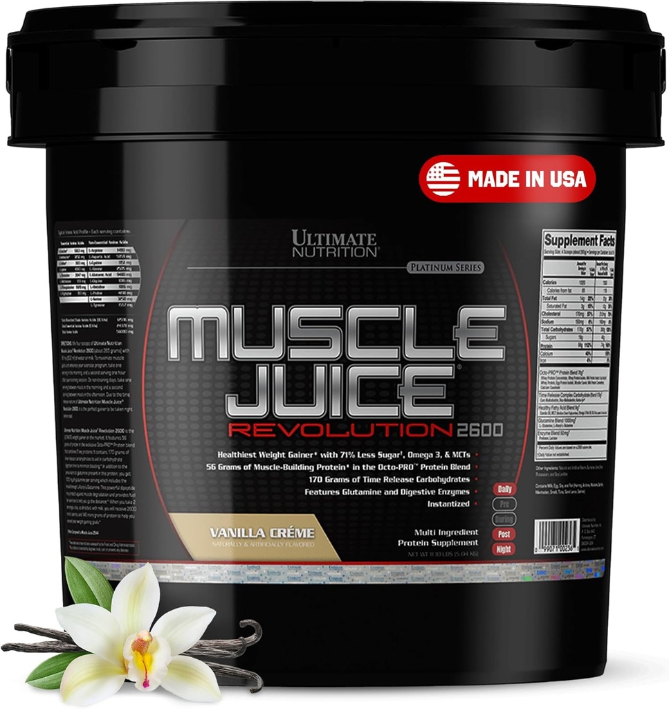 Ultimate Nutrition Muscle Juice 2600 Revolution, Painonnousu Drink Mix - Mass Gainer Workout Powder täydennysosa Lean Muscle Growth & Recovery 56g Protein Blend - Vanilla, 11.105lb