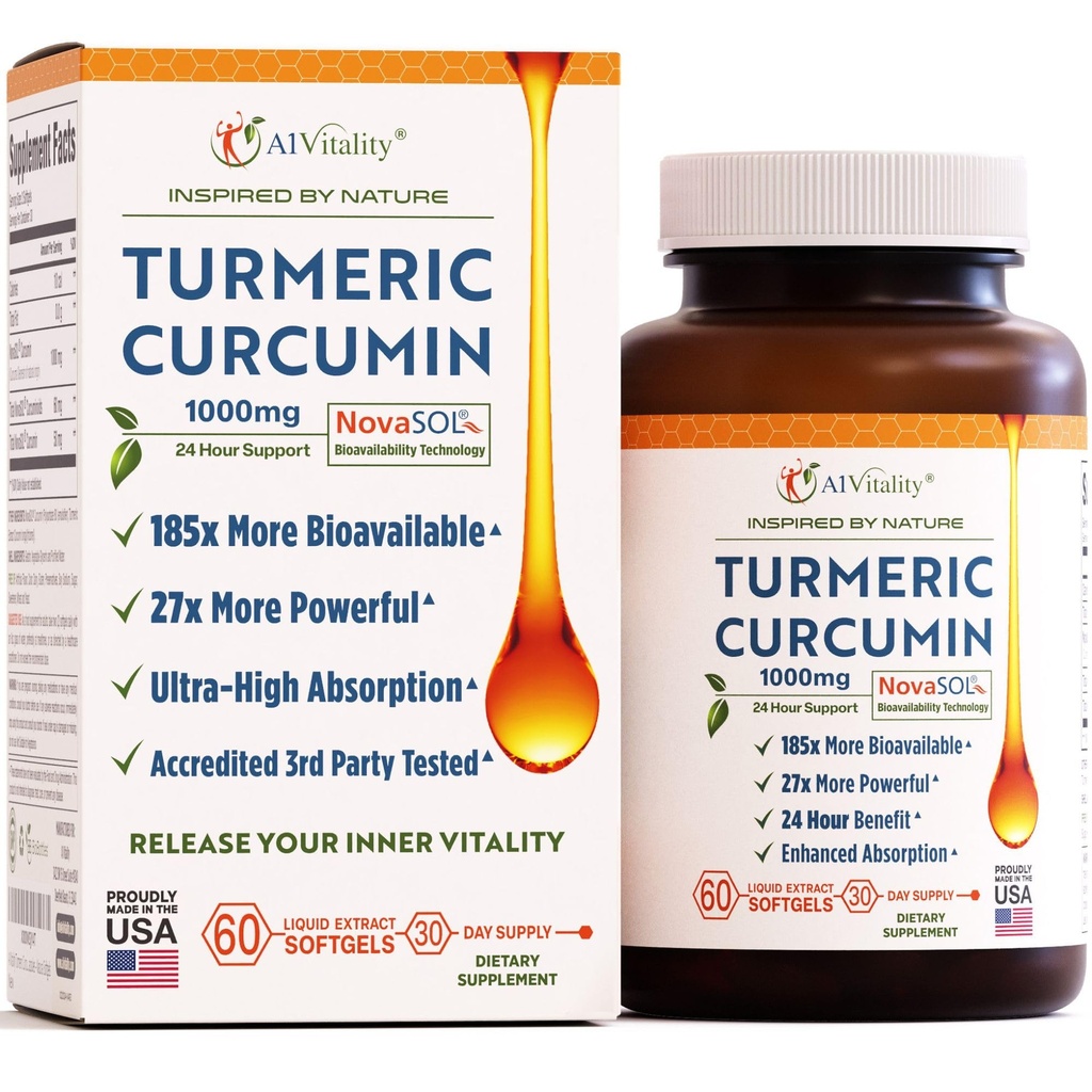 A1Vitality NovaSOL Turmeric Curcumin 1000mg – Clinically Proven 185x Higher Absorption – Promotes Joint Comfort, Mobility & Overall Wellness – Non-GMO, Doctor Formulated, 60 Softgels.
