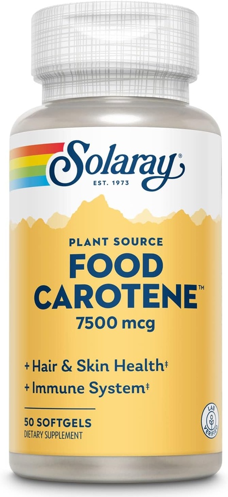 SOLARAY Food Carotene, vitamin A som Beta Carotene 25000IU | Karotenoider för hälsosam hud och ögon, antioxidantaktivitet och immunsystemstöd | 50ct