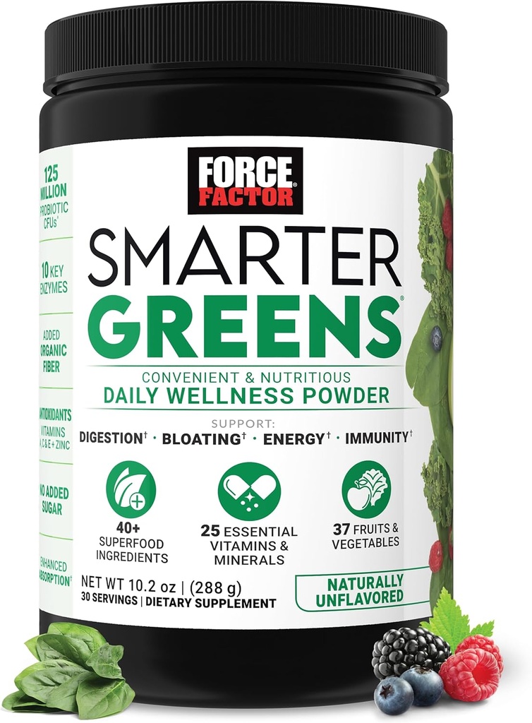 Force Factor Smarter Greens Daily Wellness Powder, Greens Superfood Powder untuk Mendukung Kesehatan Gut, Bloating, & Disable, dengan 40 + Superfood, 125 Juta CFUs Progities, Unflashing, 30 Servings
