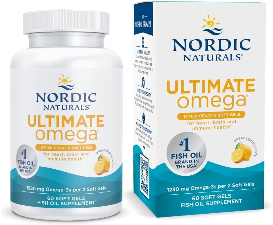 Naturale nordice Omega Ultimate în Gelatină de pește, Aroma de lamaie - 60 Geluri moi - 1280 mg Omega-3 - Suplimentul de ulei de pește de înaltă calitate - EPA & DHA - Promovează sănătatea creierului și a inimii - Non-GMO - 30 Serviri