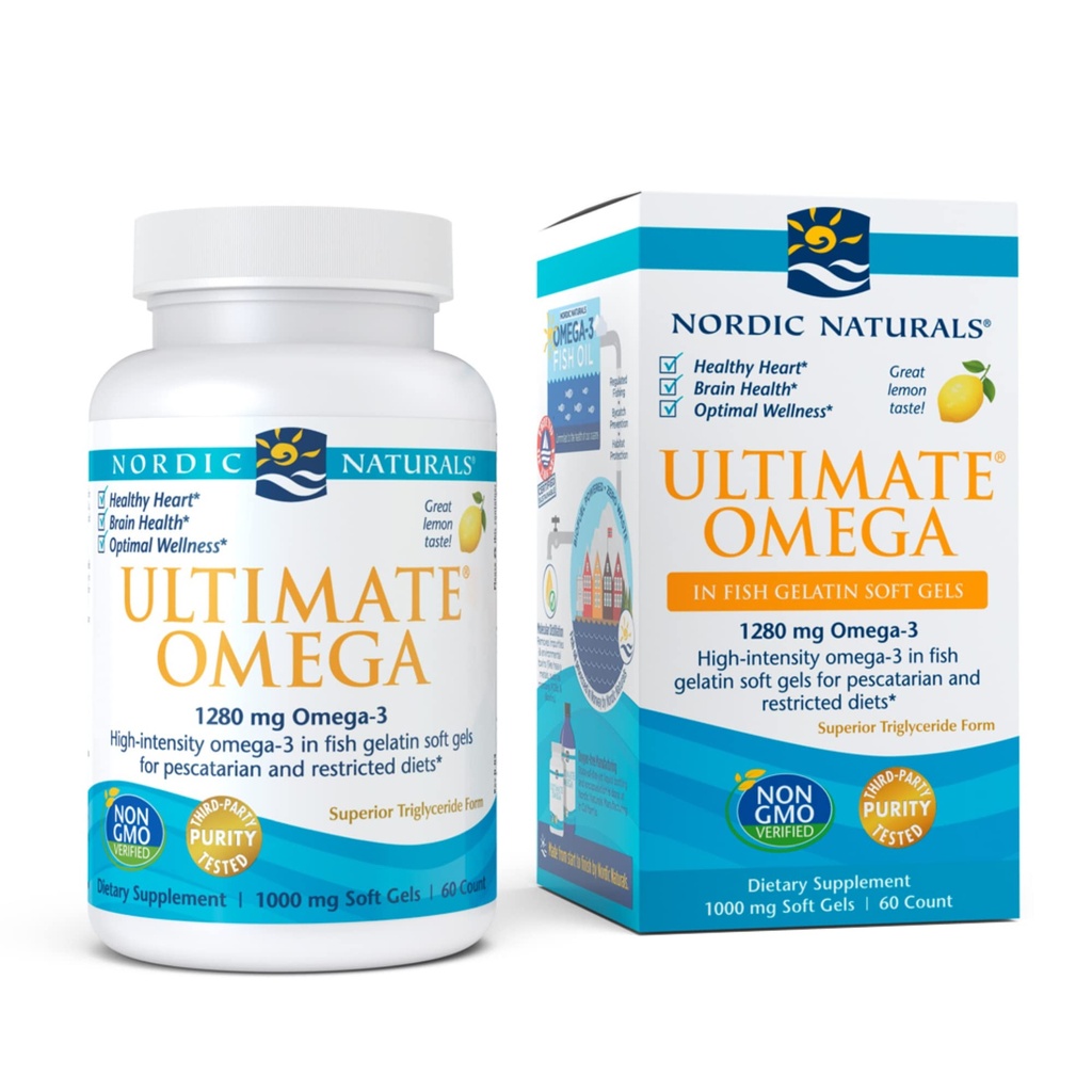 Nordic Naturals Ultimate Omega in Fish Gelatin, Lemon Flavor - 60 Soft Gels - 1280 mg Omega-3 - High-Potency Fish Oil Supplement - EPA & DHA - Promotes Brain & Heart Health - Non-GMO - 30 Servings