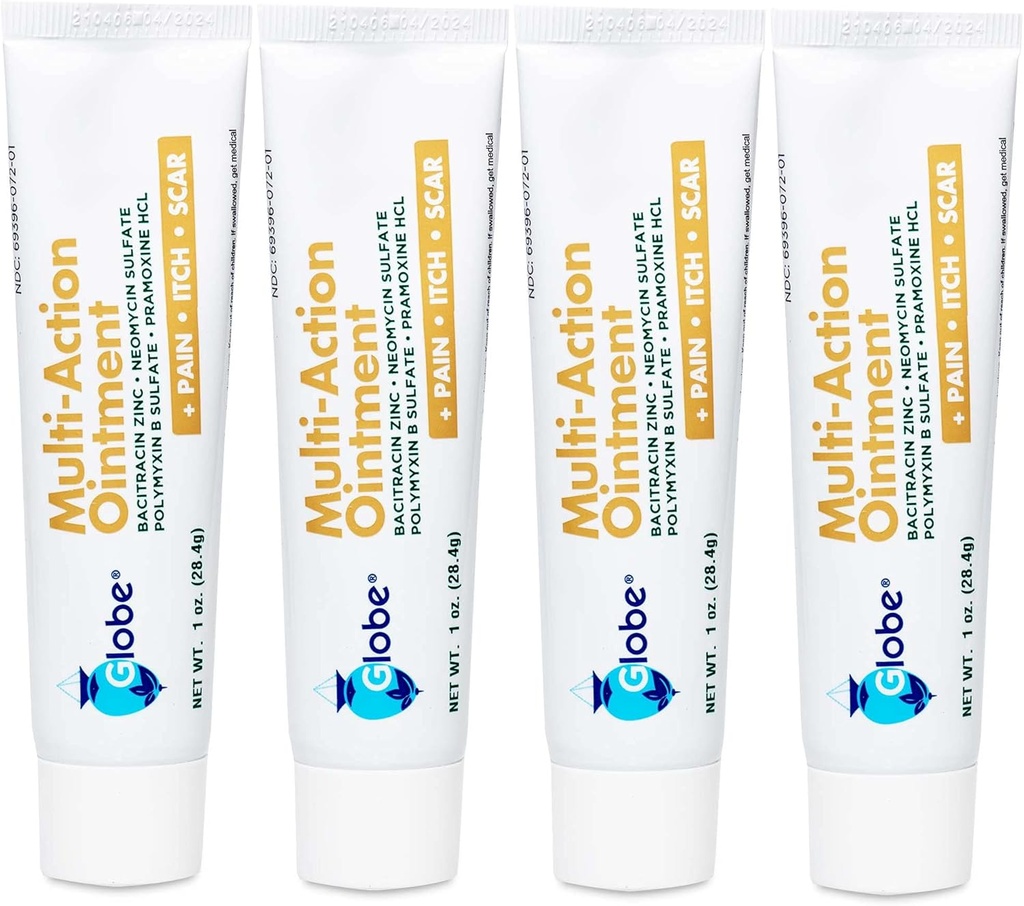 Globe (4 balení) První pomoc Antibiotická Jizva Minimalizace Pain- Relief, Anti- Itch Ointment s neomycinem, Bacitracin zinek, Pramoxine HCl & Polymyxin B, pro malé kusy, škrábance a popáleniny