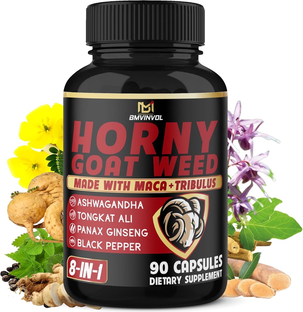 BMVIN BENVOL Horny Goat Weed Capsules amb Maca, Gönseng, Triblus Terrestris, Ashwagandha, Pepper Negre - 90 Compte per a 3 mestres