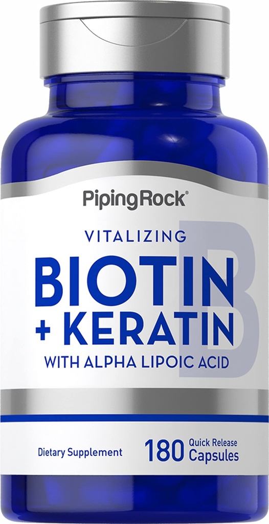Piping Rock Biotin 5000mcg | 180 Capsules | Plus Keratin and Alpha Lipoic Acid | Supplement for Women and Men | Non-GMO, Gluten Free