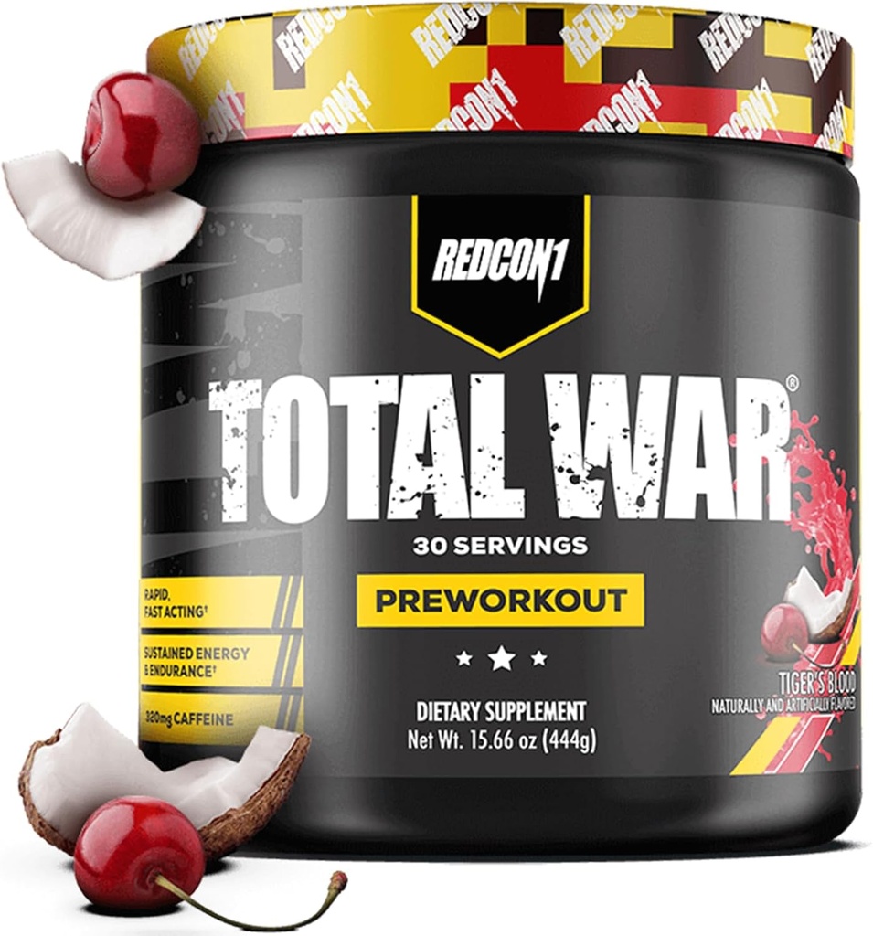 REDCON1 Total War Pre Workout, Tiger's Blood - L Citrulline, Malic acid, Green Tea Leaf ekstrakts sūknis Boost Pre Workout sievietēm un vīriešiem - 3.2g Beta Alanine samazināt izplūdes (30 Kalpo)