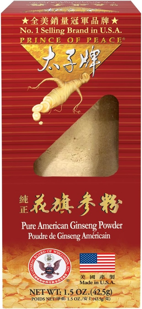 Princ miru 100% Wisconsin American Ginseng Powder (Panax Quinquefolium), Darilna škatla 1.5oz