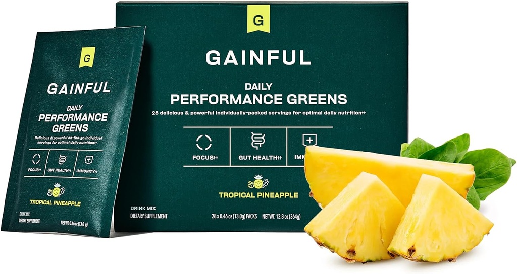 Gayful Daily Performance Greens Powder, Coco Abacaxi, Gut Health, Energia, Foco e Imune Support com L Theanina, Orgânico Greens, Chlorela, Ginger, Verde + Adaptogen Drink Mix, 28 pacotes