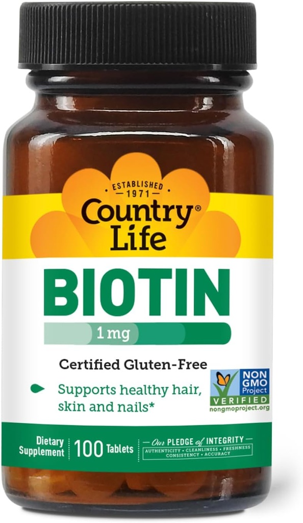 Country Life Biotin 1mg Admite el cabello saludable, la piel " uñas, 100 tabletas, galleta certificada, vegano certificado, haal certificado, no modificado