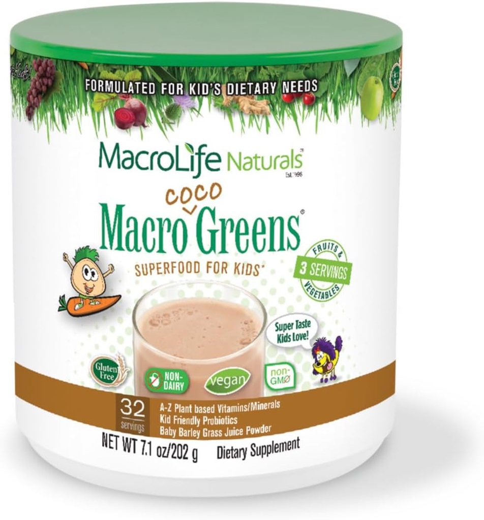 MacroLife Naturals MacroCoco Green Chocolate Superfood Powder for Kids Raw Fruits Veggies Probiotics & Digestive Enzymes, Imunity Energy, Non-GMO, Vegan, Gluten, Dairy Free - 7oz (32 Služení)