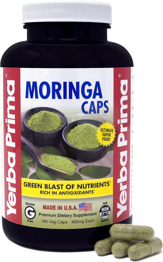 Yerba Prima Moringa, 180 Count Veg Caps - 400mg de Puro, Pó de Folha Secada, Explosão Verde de Nutrientes, Rico em Antioxidantes, 100% Puro, Super Food, Não-GMO, Vegan Friendly, Gluten-Free, EUA Made