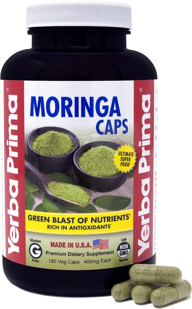 Yerba Prima Moringa, 180 Count Veg Caps - 400mg of Pure, Dried Leaf Powder, Green Blast of Nutrients, Rich in Antioxidants, 100% Pure, Super Food, Non-GMO, Vegan Friendly, Gluten-Free, USA Made
