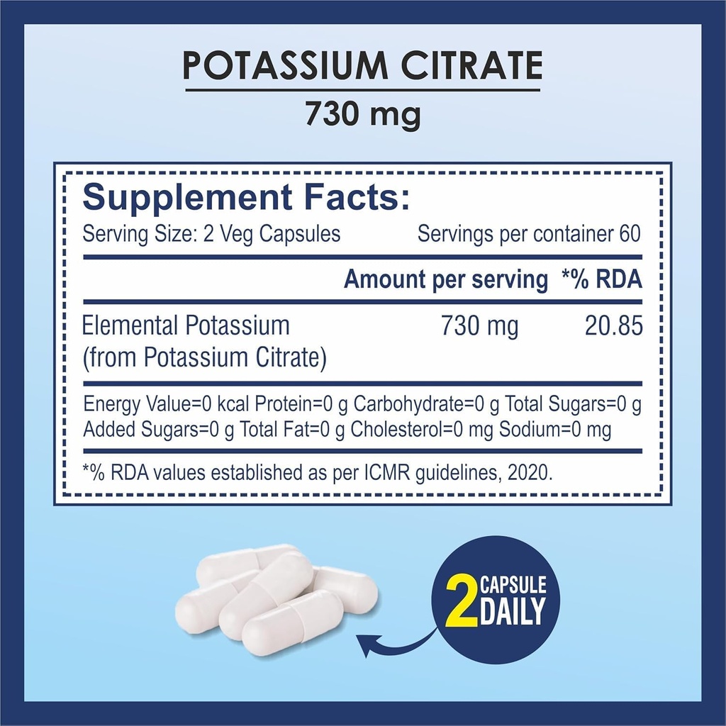 Potassium Citrate 730mg Supplement, Supports Kidney Function & Healthy Muscle - 120 Vegetable Capsules