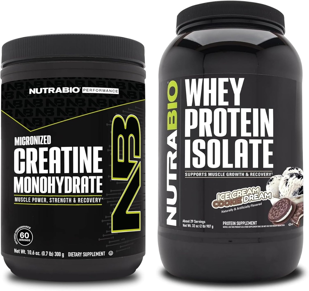 NutraBio Creatine Monohydrate, Unflavored, 300g и Whey Protein Isolate, Ice Cream Cookie Dream, Addition Bundle - Мускулна енергия, постно мускулен растеж, възстановяване и сила